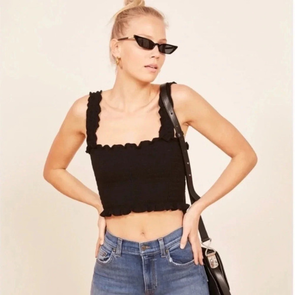 Reformation Black Smocked Cropped Tank Size Large - Picture 1 of 8